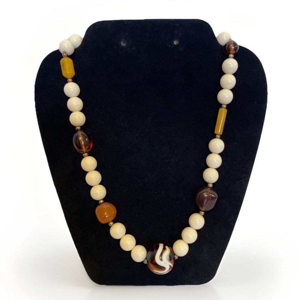Chunky Beaded Necklace Cream Amber Brown Tones Gold Spacers Signed VA Vintage 19
